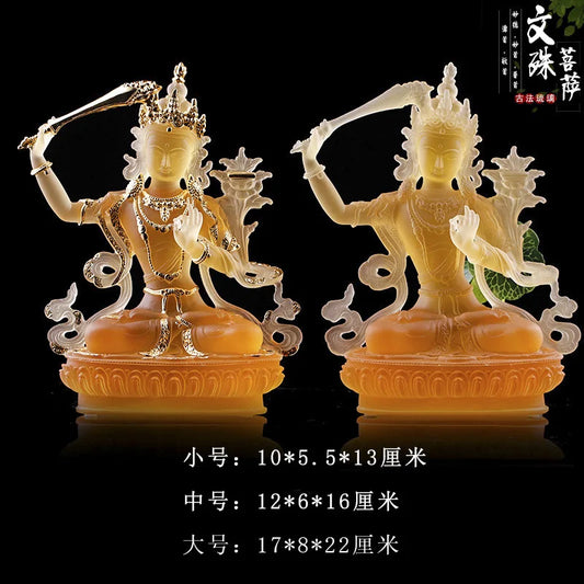 Coloured glaze Manjusri Bodhisattva Buddhist temple worship solemn Buddha statue craft ornaments