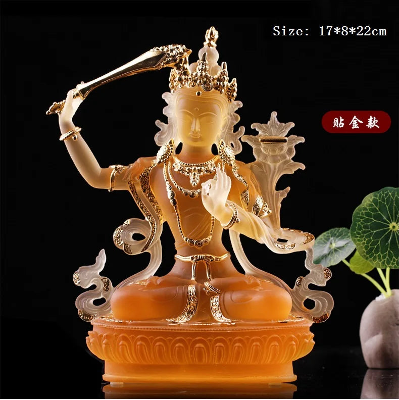 Coloured glaze Manjusri Bodhisattva Buddhist temple worship solemn Buddha statue craft ornaments