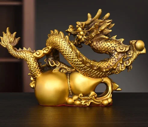 Copper Animal Dragon Ornament Gourd Golden Dragon Auspicious Home Shop Decoration Miniatures