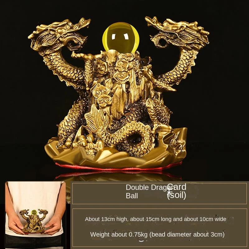 Copper Dragon Ornaments Double Dragon Playing Pearl Five Elements Home Office Desktop Decor Auspicious Dragon Statues