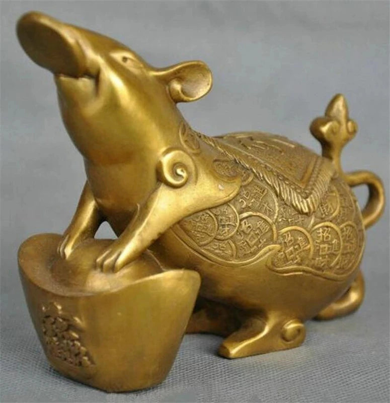 Copper statue Exquisite Chinese Zodiac Animal Rat Mouse Coin Yuanbao Money Bronze Statue