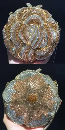 Coral starfish/Gold Rhinestones Clutch Women Floral Yellow Crystal Evening Bags Bridal Wedding Party Clutch Purse and Handbags