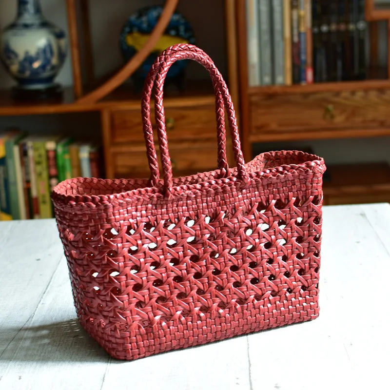 Cowhide Hollow Out Basket Bag Seaside Beach Vacation Casual Tote Handbags Large Capacity Practical Purses Clutch Fashion Bolsas