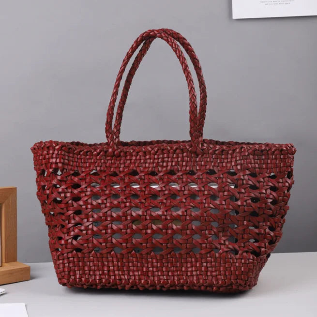 Cowhide Tote Bag Hand woven basket bag100% Genuine Leather Hollowed Woven Shoulder Bag Woven Inside Bag Vintage Shopping Bag