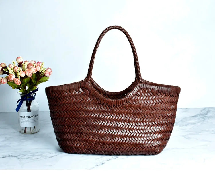 Cowhide Weave Handbags Fashion Hand Made Ladies Vegetable Basket Bag Casual Tote Simple Shopping Bags Female Bolsos Mujer