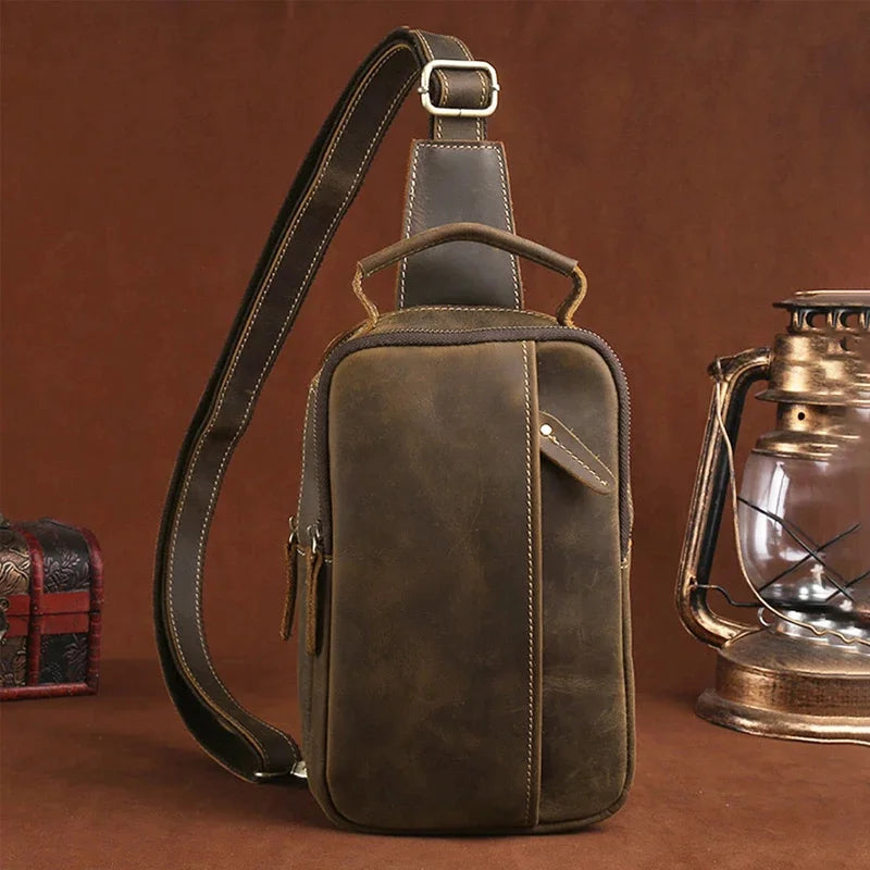Crazy Horse Cowhide Men Sling Day Pack Back 100% Genuine Leather Vintage Trends High Quality Male Messenger Cross Body Chest Bag