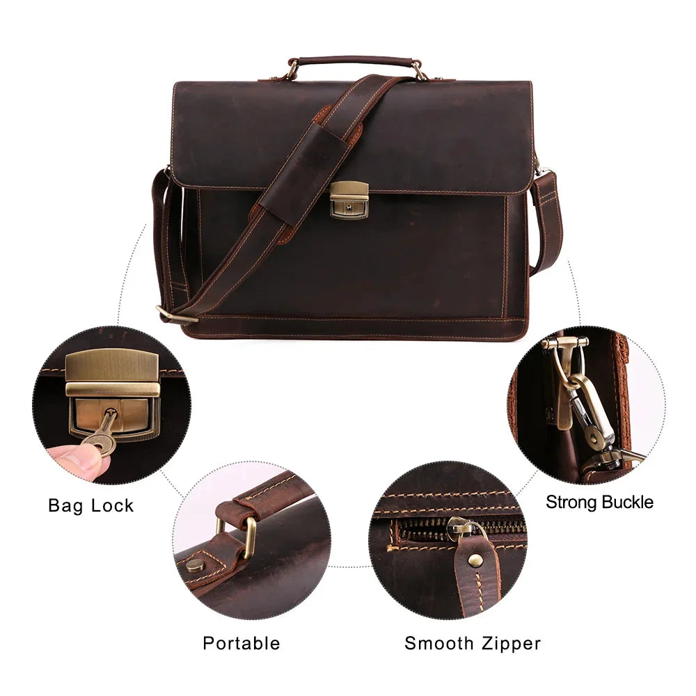 Crazy Horse Genuine Leather Briefcase Vintage Messenger Shoulder Bag Men's Business Laptop Handbag For Male 6393