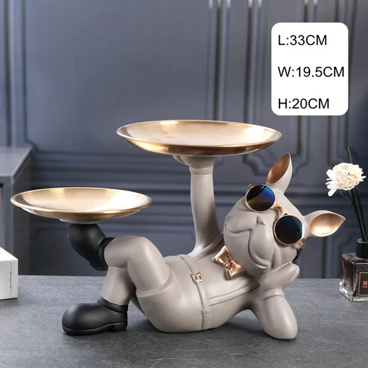 Creative Fortune Dog Double Tray Resin Dog Sculpture Statue Storage Key Jewelries Holder Animal Crafts Ornament Home Decor Gift