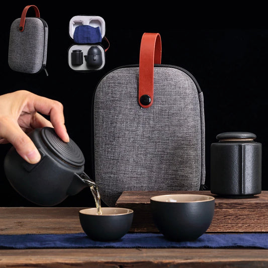 Creative Gift Outdoor Travel Office Quik Cup 1 Teapot 2 Cup Zen Black Ceramic Coarse Pottery Japanese Kung Fu Tea Free shipping