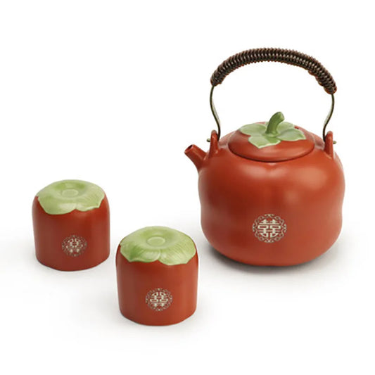 Creative Household Ceramics Persimmon Shape Teapot Set Teacup Tea Pot Ceremony For Chinese Red Wedding Supplies Souvenir Gifts