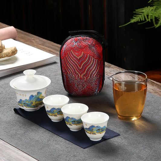 Crockery Ceramic Teapots with 3 Tea Cups Porcelain Gaiwan Kung Fu Teaset Portable Teaware Travel Tea Set Drinkware Gifts
