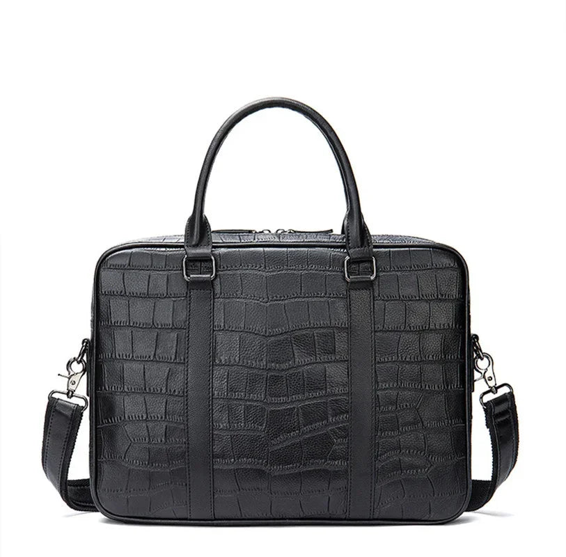 Crocodile Pattern Genuine Briefcase Business Cow Leather Handbag Multi-Functional Crossbody Daily Laptop Bag
