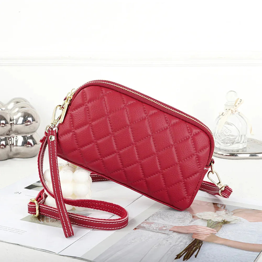 Crossbody Bags for Women Genuine Leather Trendy Purses Small Embossed Quilted Shoulder Handbag with Double Zipper Compartments