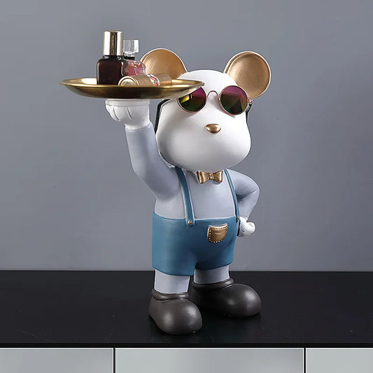 Cute Bear Statue with Tray Glasses Resin Sculptures Animal Figurines Ornaments Living Room Home Table Decoration Wedding Gift