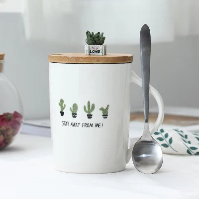 Cute Cactus Mug Ceramic Coffee Cups Creative Milk Tea Cup With Lid Spoon Home Morning Mugs