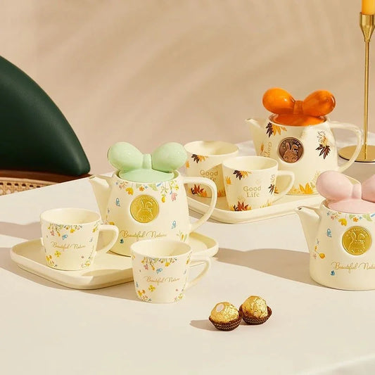 Cute Ceramic Teapot Coffee Cup Combination Household Creative Bow Shape Brewing Tea Cup Heat Resistant Teapot Set Christmas Gift