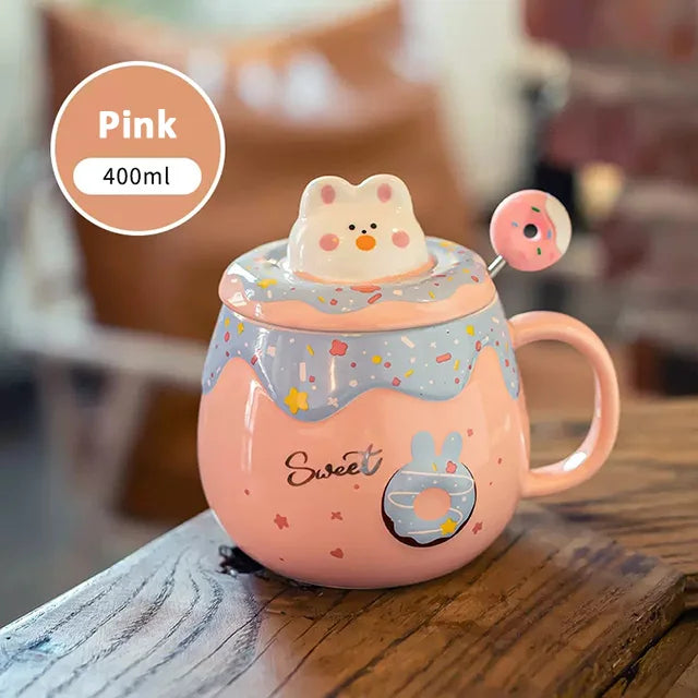 Cute Donut Ceramic Mug With Lid Spoon Pink Girl Office Student Coffee Mugs For Couple Large Capacity Milk Tea Drinking Water Cup