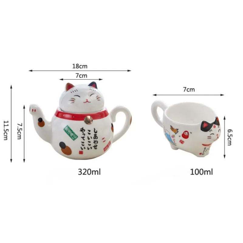 Cute Japanese Lucky Cat Porcelain Tea Set Creative Maneki Neko Ceramic Tea Cup Kettle with Strainer Office Teapot Water Mug