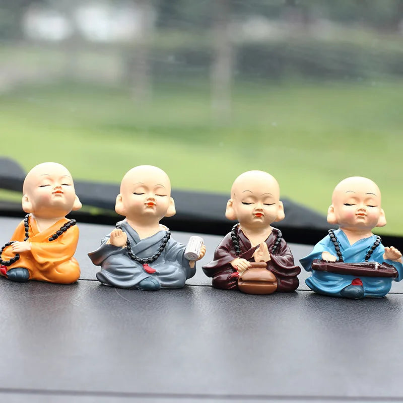 Cute Justice Buddha Monk Statue, Chinese Traditional Miniature Buddha Figure, 4pcs, Shaolin Monk Ornament for Home Car Decor