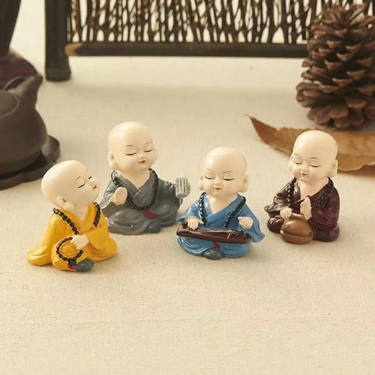Cute Justice Buddha Monk Statue, Chinese Traditional Miniature Buddha Figure, 4pcs, Shaolin Monk Ornament for Home Car Decor