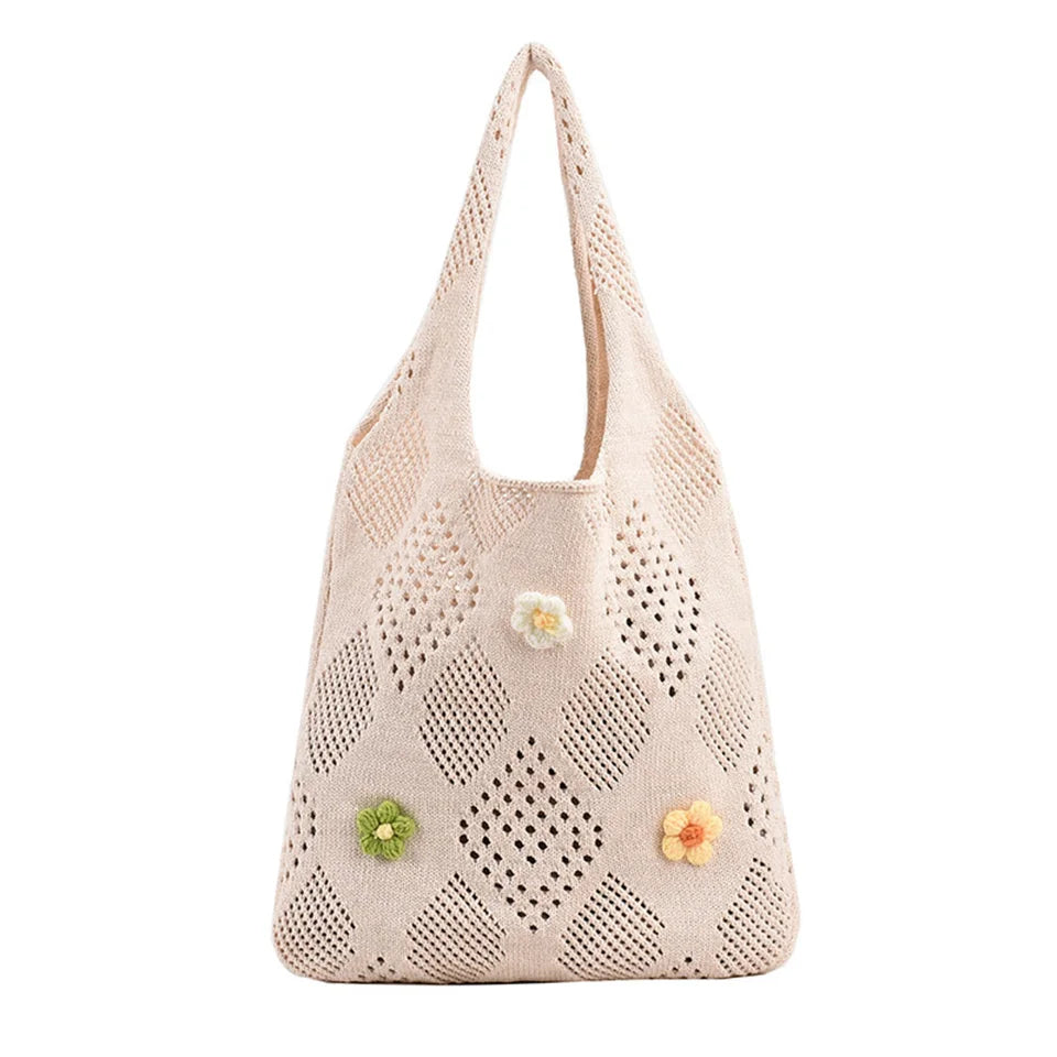 Cute Large Capacity Tote Handbag Trendy Wool Flower Shoulder Bag for Teenage Girls Fashion Student Top-handle Bag