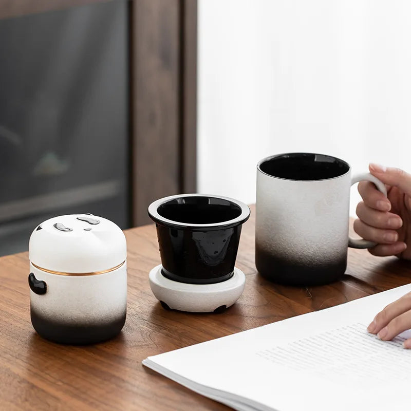 Cute Panda Tea Cup Set Ceramic Tea Cup Tea Pot Office Water Cup with Lid Filter Tea Cup Teaware Chinese Kung Fu Tea Set Gift Box