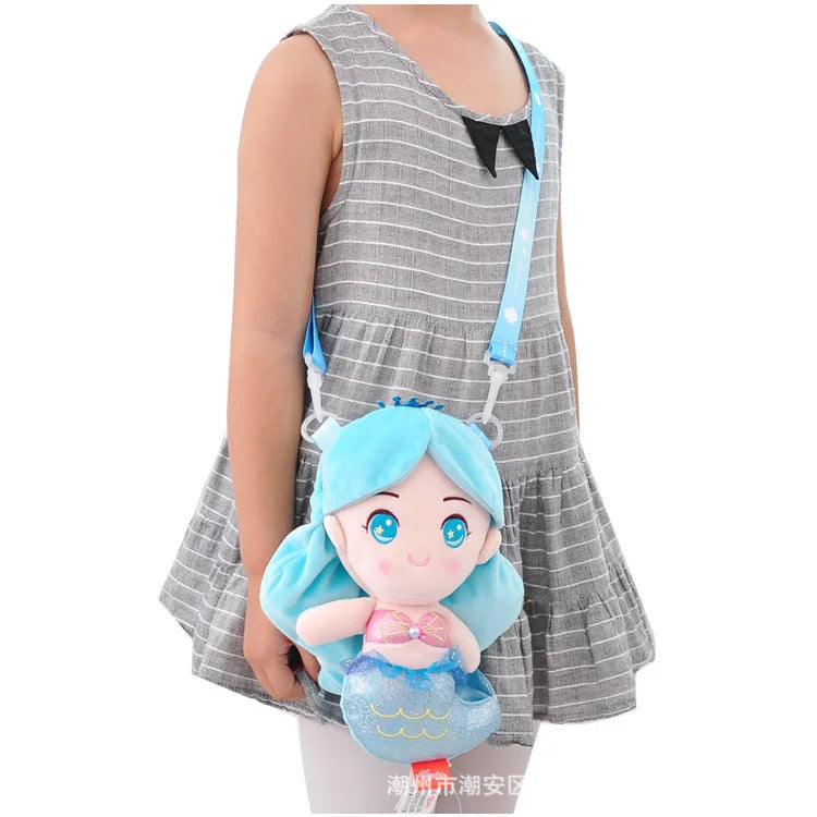 Cute Toddler Crossbody Bag Plush Cartoon Mermaid Mini Doll Travel Backpack for Kindergarten Preschool Girls 2-6 Years