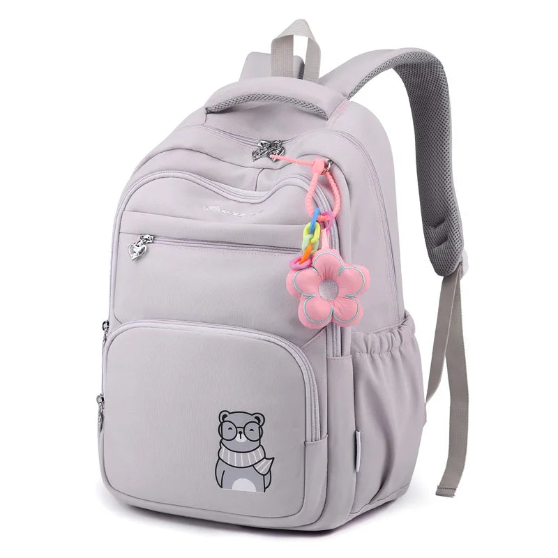Cute bear printed children school backpack for teenagers girls kids orthopedics schoolbag with flower pendant Women backpacks