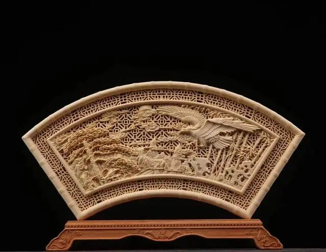 Cypress Wood 29cm Fan Sculpture Wood Carving Eagle Eight Gods Buddha Animal Statue Home Decor