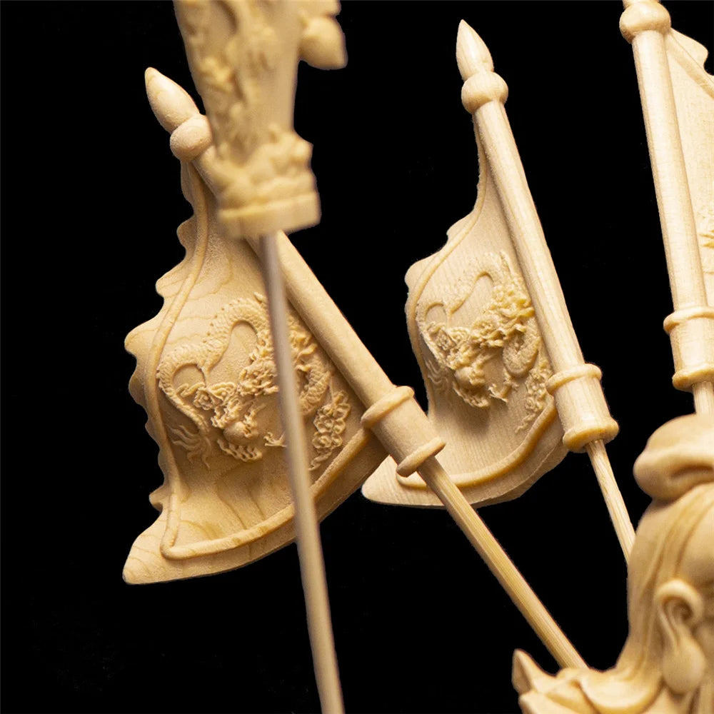 Cypress Wood Carving Nine Dragons Five Flags Guan Yu God of Wealth Office Lucky Decoration 12'