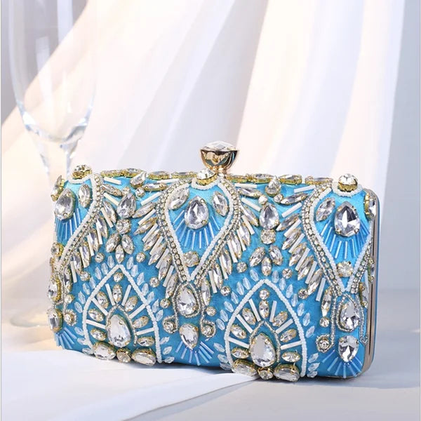 Dazzling blue beaded Clutch Purse Women Crystal clutches Bags Evening bag Wedding Party Handbag Bridal Metal Minaudiere gift