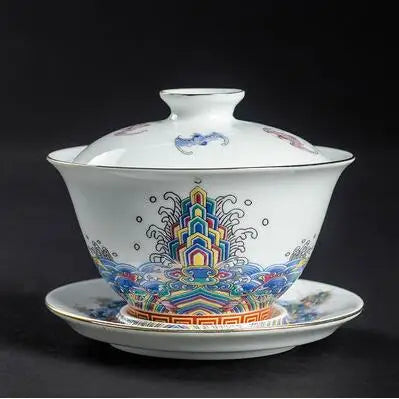 Dehua Gaiwan Large Ceramic Tea Set, Blue and White Sancai Cover Bowl, Single Teacup, Jingdezhen Teapot, Home, Jingdezhen