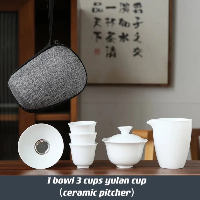 Dehua White Porcelain Travel Kung Fu Tea Set Carrying Bag Bowl чай Four Glass kettle Gift teacup tea set glass gaiwan strainer