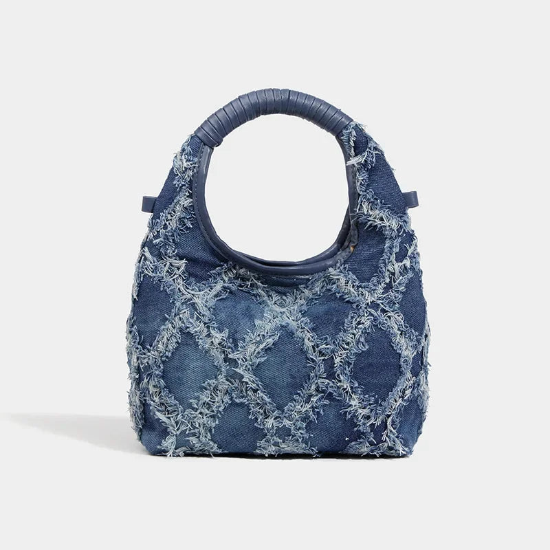 Denim Crescent 2024 New Stitching Casual Crossbody Underarm Women's Diamond Raw Edge Hand-held Shoulder Bag
