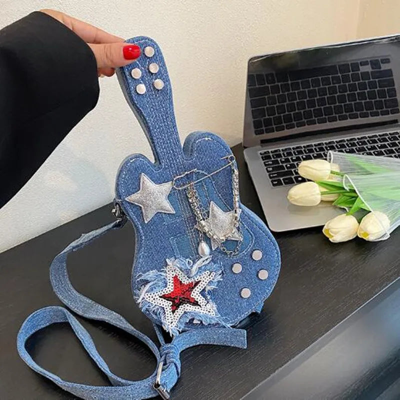 Design personalized denim women's bag new creative guitar crossbody bag network red street hip hop style shoulder bag