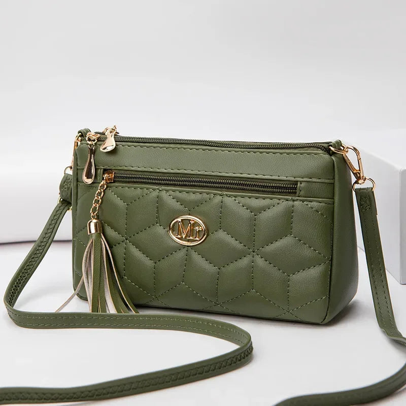 Double Zipper Crossbody Bag 2024 New Fashion PU Diamond Lattice Shoulder Bag Tassel Decoration More Zipper Pocket Large Capacity