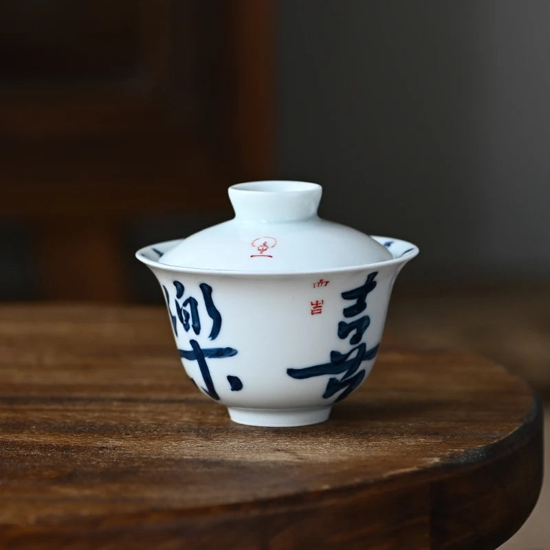 Early foam hand-painted porcelain handwritten calligraphy joy mini tureen hot ceramic kung fu tea cups