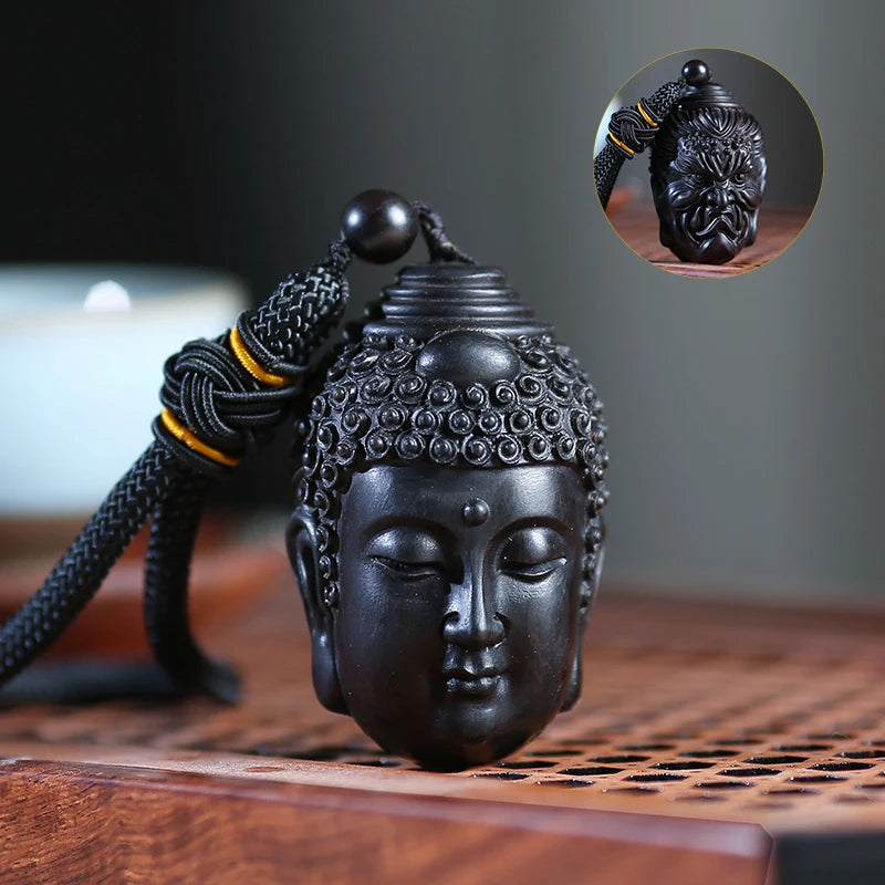 Ebony Guaiacum Wood 6cm Buddha and Demon Sculpture Pendant Wood Carving Statue Feng Shui Car Hanging Home Decor