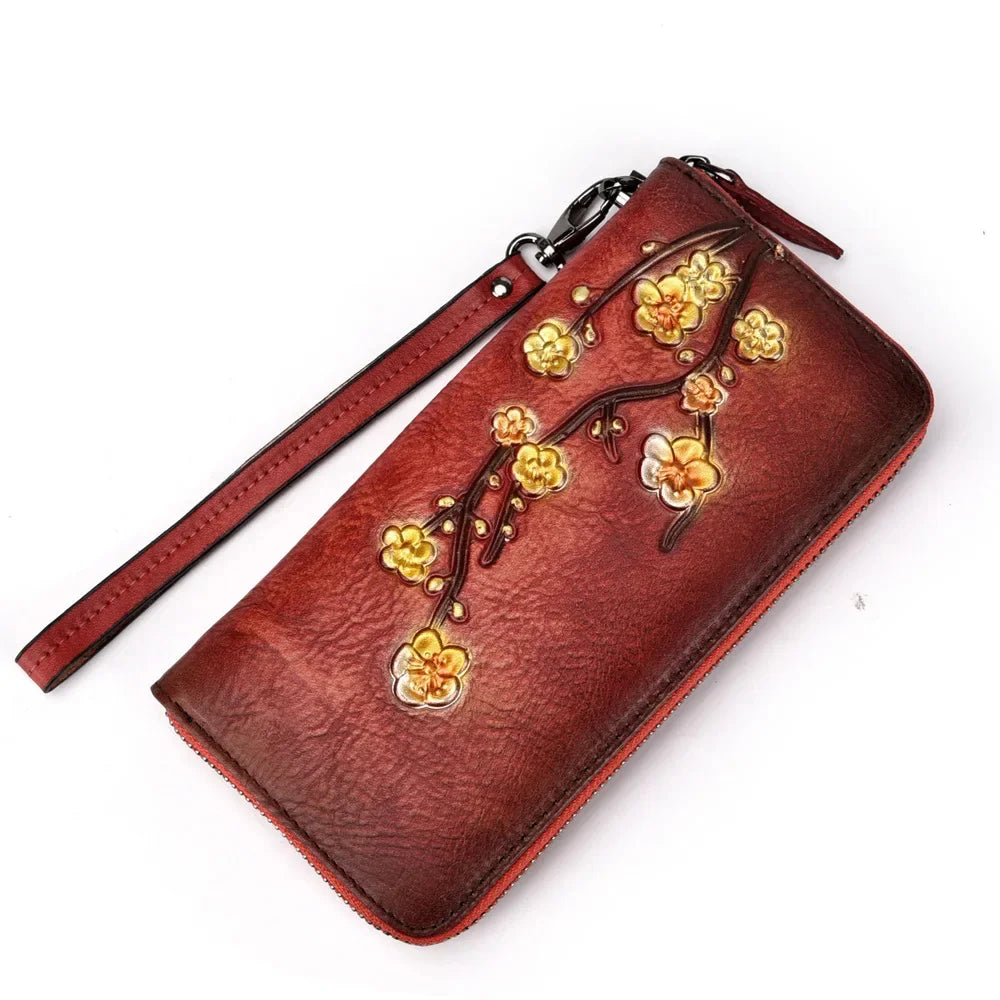 Embossed Female Zipper Purse Clutch Wrist Bags Cards Clip Plum Flower Retro Money Handy Bag Genuine Leather Women Long Wallet