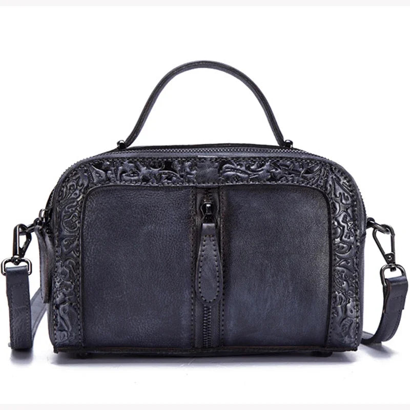 Embossed Shoulder Messenger Crossbody Bag Tote Handbag Retro Vine Brush Color Genuine Leather Women Cowhide Top Handle Bags