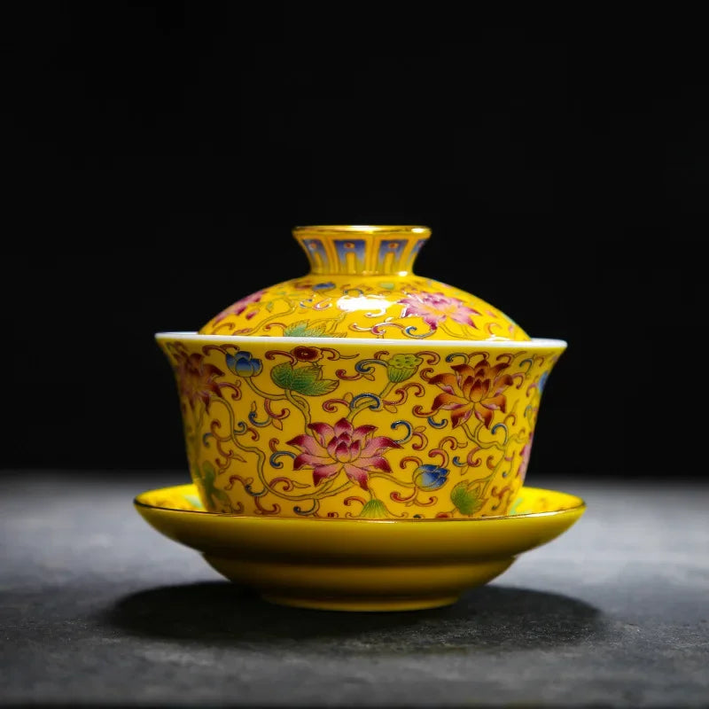 Enamel Colored Teaset Gaiwan Tea Cups Traditional Ceramic Teacup Luxury Tea Tureen Lid Bowl Saucer Kung Fu Tea Cup Best Gifts