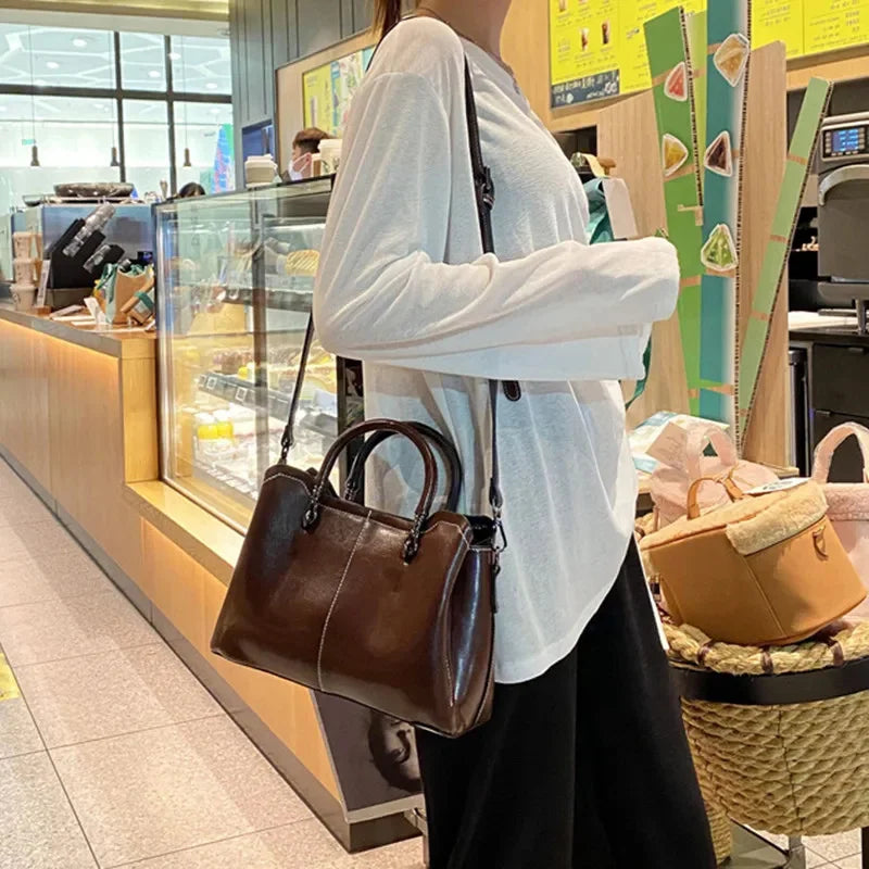 European American Style Genuine Leather Hand For Women Luxury Cowhide Ladies Tote Vintage Female Shoulder Messenger Bag