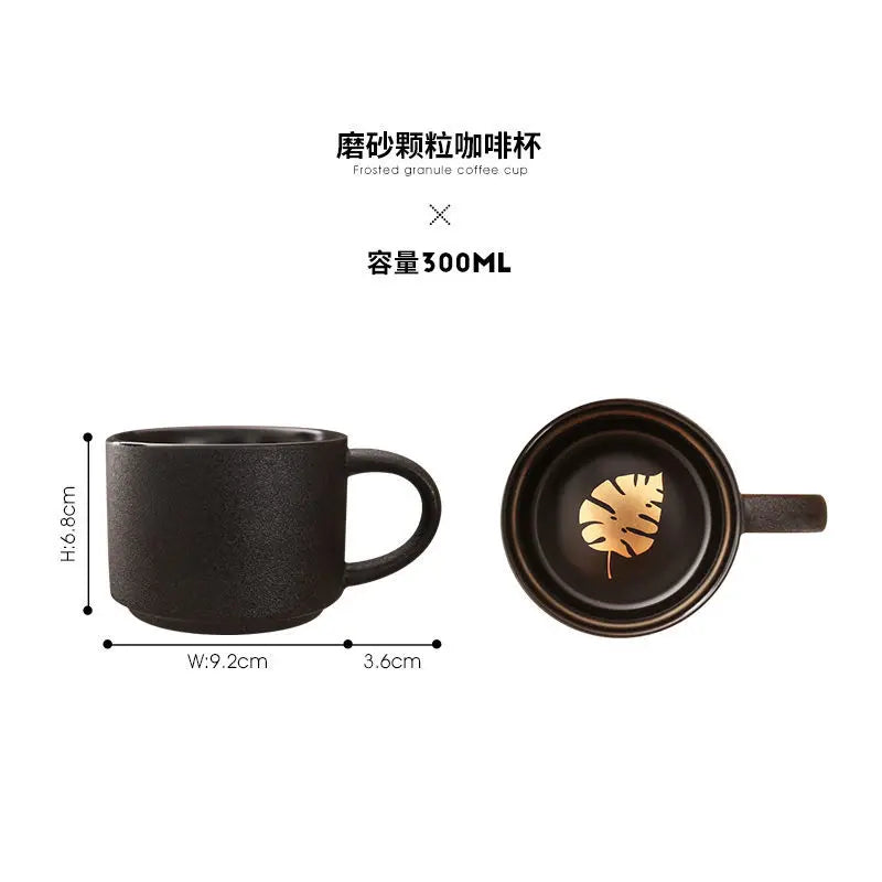 European Style Black Frosted Ceramic Coffee Cup with Wood Tray, Cafe Mug, Restaurant Black Mugs, Spoon, Gold Decal, Couple Cups