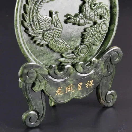 Exquisite 100% Natural Jade Dragon and Phoenix Statue Disk