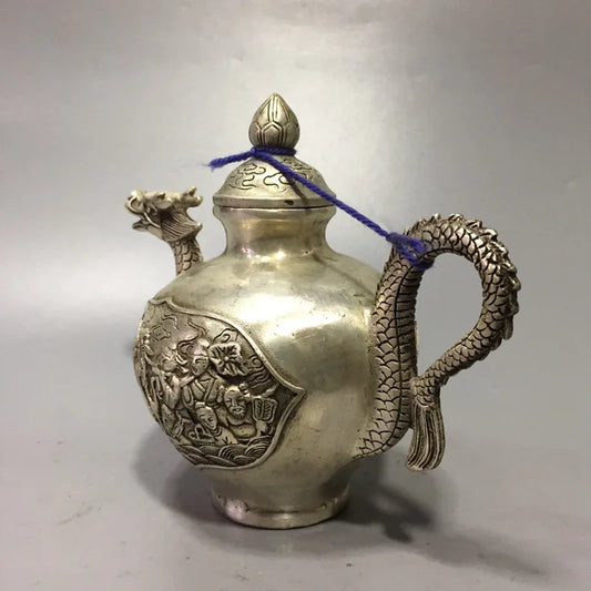 Exquisite Chinese copper silvering Handmade Dragon head Teapot wine pot
