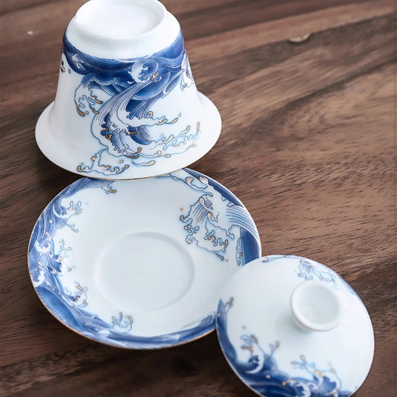 Exquisite Enamel Ceramics Gaiwan Outline In Gold White Porcelain Tea Tureen Teacup Household Tea Set Chinese Cover Bowl