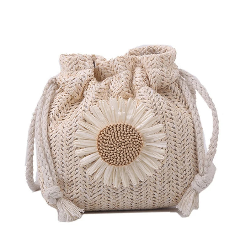 Fashion Crossbody Bag Drawstring Flower Bucket Bag Woven Straw Bag Summer Messenger Bag Shoulder Bag Handbags All-match
