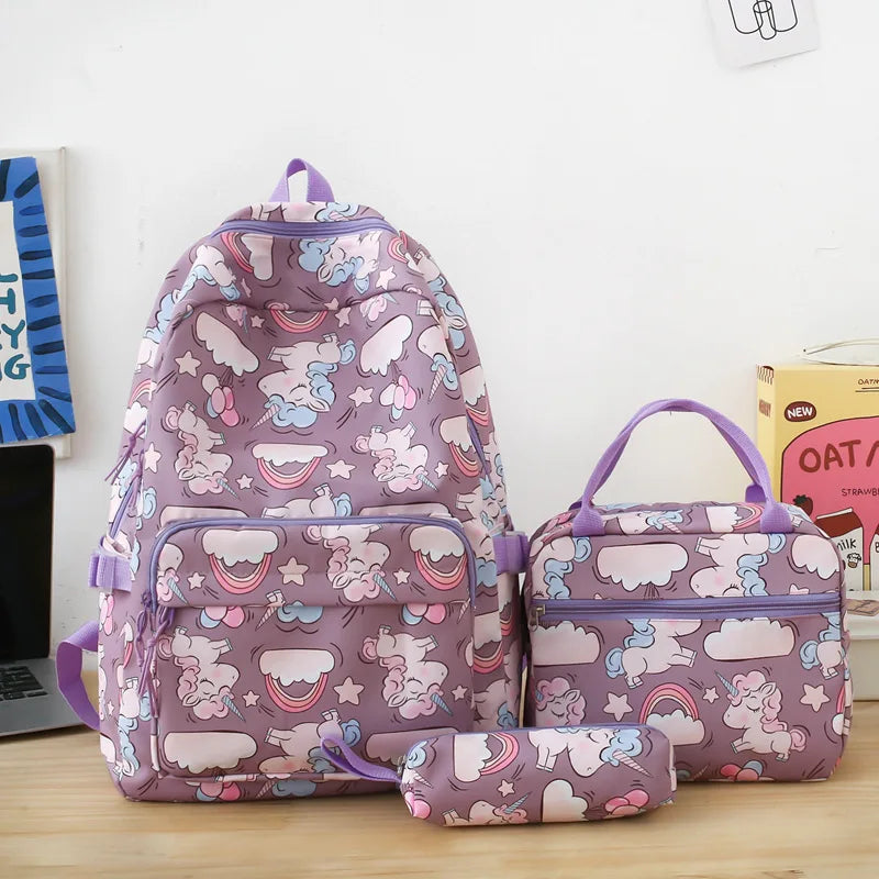 Fashion cartoon printed backpack for teenage girls Middle school students School bag 3-piece set with lunch bag and pencil case