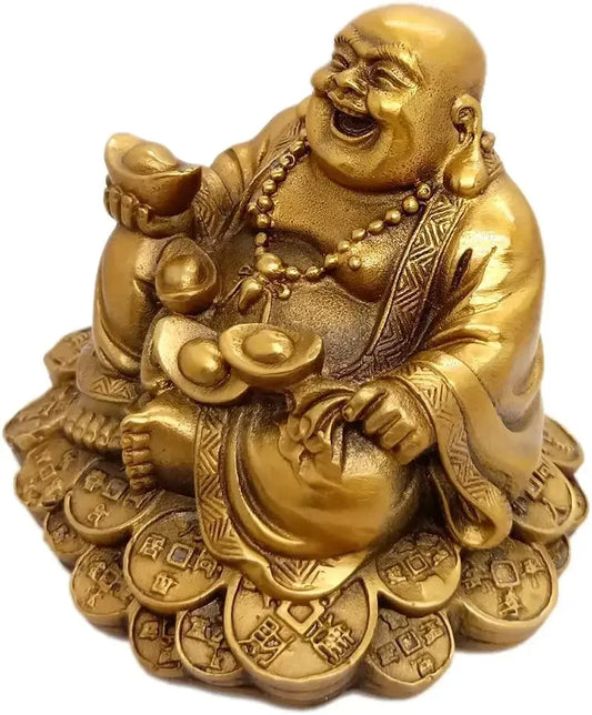 Feng Shui Decor Laughing Buddha Statue Maitreya Figurine Carrying Money Bag Happy Buddha for God Luck Brass Sculptures