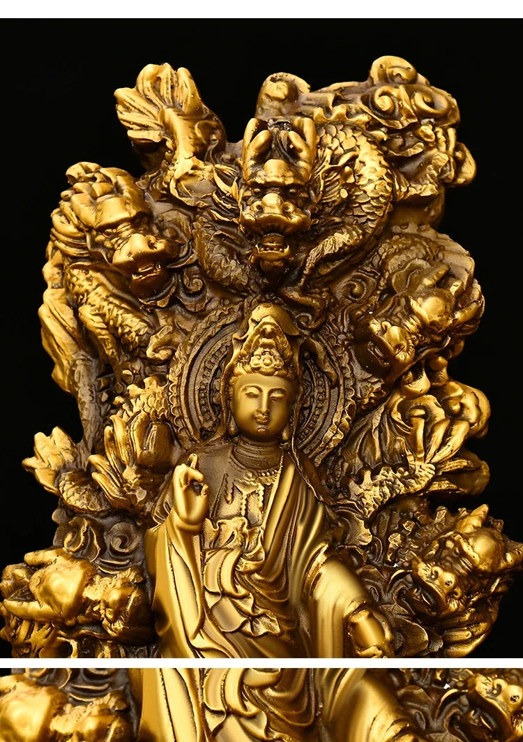 Feng Shui Nine Dragons Guanyin Ornaments Copper Auspicious Buddha Statue Praying for Blessings Home Crafts Decorations